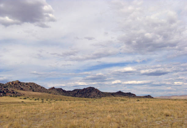 istock Wide steppe with yellow grass under a blue sky with white clouds Sayan mountains Siberia Russia 1078424568