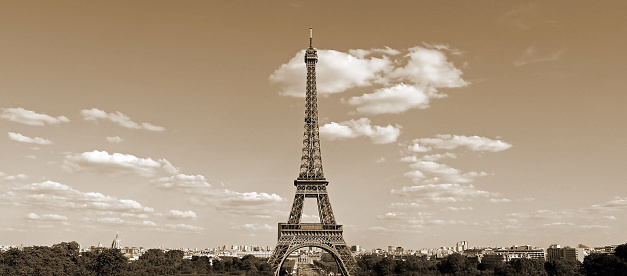 Eiffel Tower in Paris France with sepia effect seen from Hill of the Chaillot in Trocadero Area in horizontal landscape