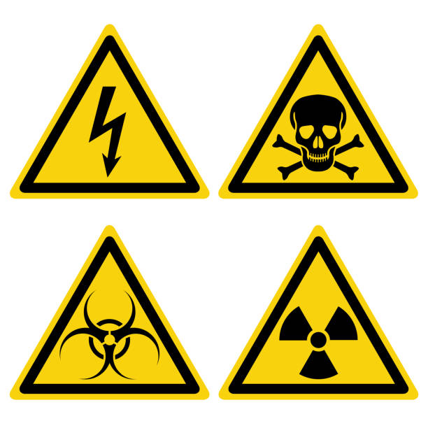 Hazards Hazard warning set triangular yellow icons. Isolated symbols on white background. Vector illustration. atom nuclear energy physics science stock illustrations