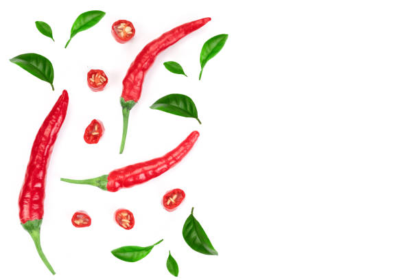 istock red hot chili peppers isolated on white background. Top view. Flat lay pattern 1078431422