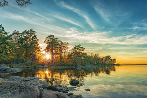 höstlandskap på sjön vid solnedgång - svensk skog bildbanksfoton och bilder