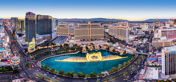 Las Vegas, Nevada, USA - october 18, 2018: Panoramic aerial view of Luxury Hotels in Las Vegas strip: Paris, Venitian, Palazzo, Bellagio and many other luxury casino resorts in the heart of Las Vegas and the fountains of Bellagio Hotel