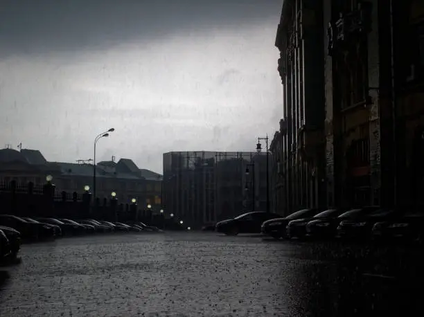 terrible downpour in the summer in the center of Moscow, Russia