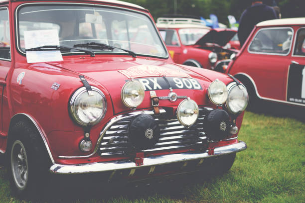 Beaulieu, UK - 11 June 2017: Front angle of a classic Mini Cooper Monte Carlo Rally car taken at the National Mini Cooper car show event.