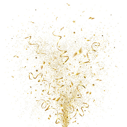explosion of golden confetti on a white background