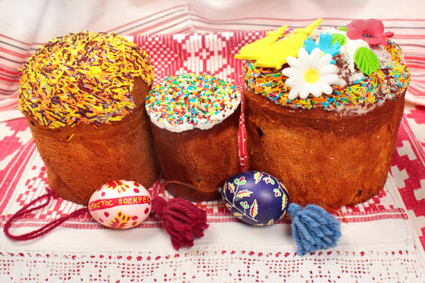 istock Happy Easter cakes and painted eggs with words Christ has risen in Russian 1078452364