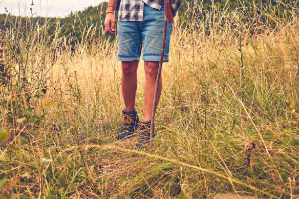 Hiker enjoying nice walk in a wheat / grass field in nature.