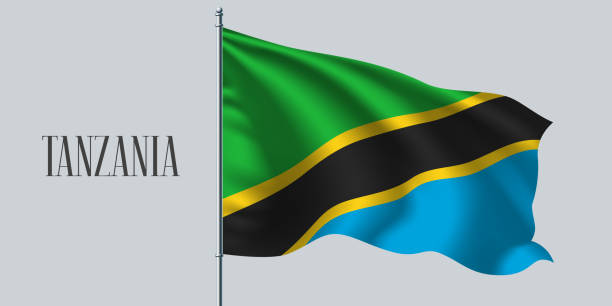 Tanzania waving flag vector illustration Tanzania waving flag on flagpole vector illustration. Blue green element of Tanzanian wavy realistic flag as a symbol of country tanzania stock illustrations
