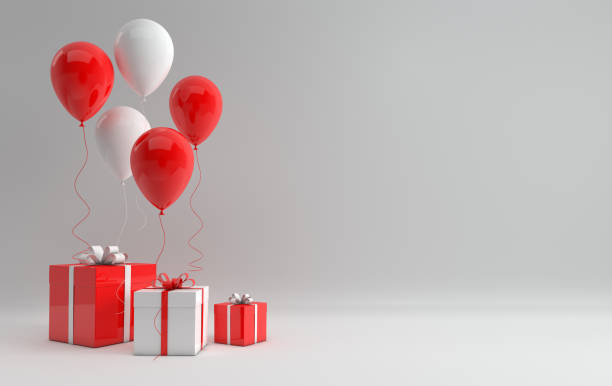 istock 3d render illustration of realistic white and red glossy balloons and gift box with bow on white background. Empty space for party, promotion social media banners, posters. 1078456716