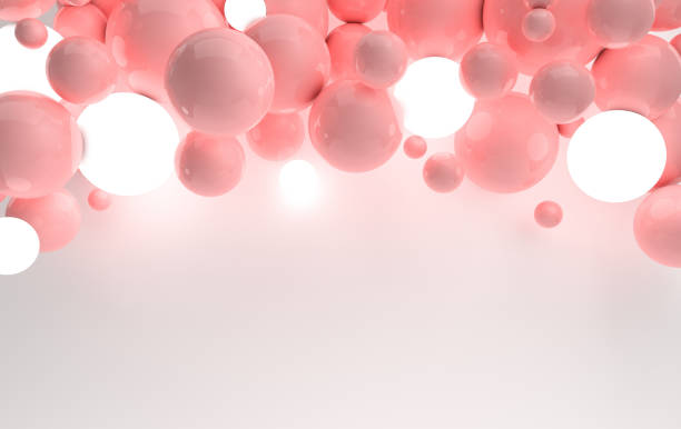 3d rendering of floating polished spheres, ceiling lighting on white background. Abstract geometric composition. Group of balls in pastel colors with soft light and shadows