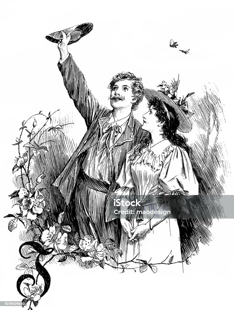 Spring feelings of the young couple on the meadow - 1896 Victorian Style stock illustration