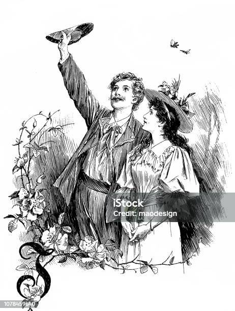 Spring Feelings Of The Young Couple On The Meadow 1896 Stock Illustration - Download Image Now