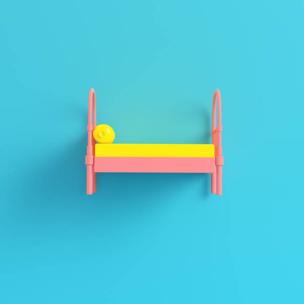 Pink single bed with pillow on bright blue background in pastel colors. Minimalism concept. 3d render
