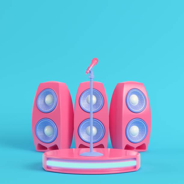 Concert stage with microphone and speakers on bright blue background in pastel colors stock photo