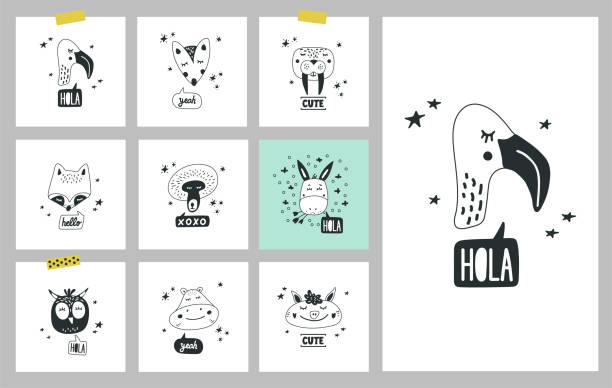 Cute animals heads set of vector illustrations. Design element, cards Cute animals heads set of vector illustrations. Design element, cards with hand drawn faces of wild animals in cartoon modern style background of a owl black and white stock illustrations