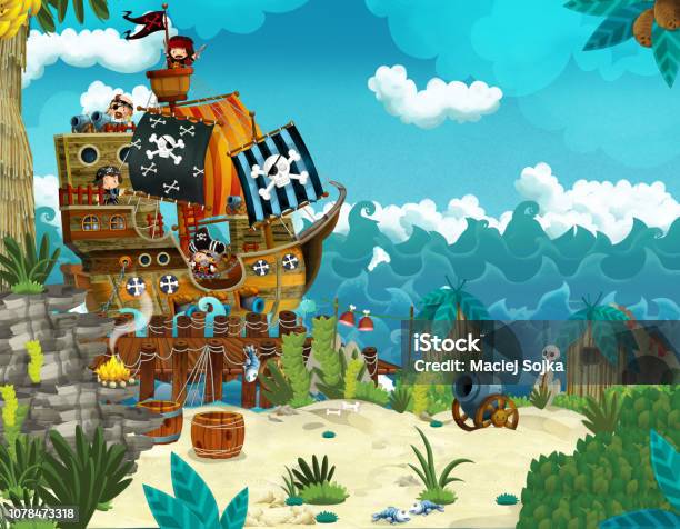 Cartoon Illustration Pirates On The Wild Island Stock Illustration - Download Image Now - Adult, Adventure, Anger