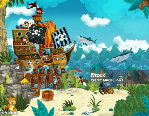 Cartoon Illustration Pirates On The Wild Island Stock Illustration - Download Image Now - Adult, Adventure, Anger