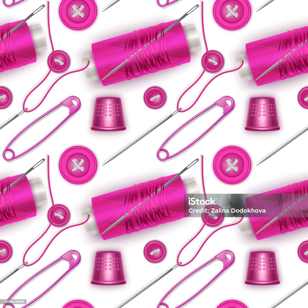 Seamless Pattern With Pink Thread Pink Buttons Needle And Pin For
