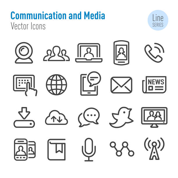 ilustrações de stock, clip art, desenhos animados e ícones de communication and media icons - vector line series - address book audio