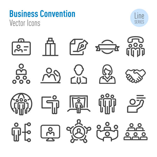 ilustrações de stock, clip art, desenhos animados e ícones de business convention icons - vector line series - symbol computer icon education icon set