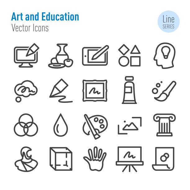 ikony sztuki i edukacji - seria linii wektorowych - art and craft equipment oil painting artist paintbrush stock illustrations
