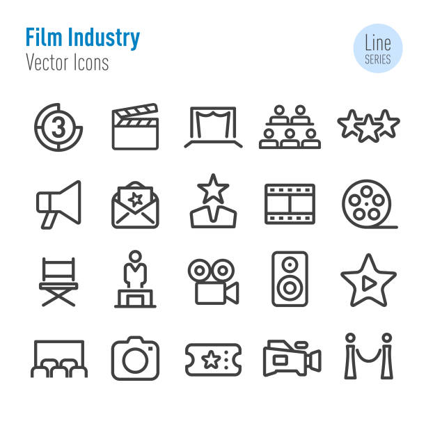 ilustrações de stock, clip art, desenhos animados e ícones de film industry icons - vector line series - group of objects set symbol computer icon