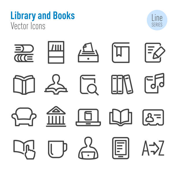 ilustraciones, imágenes clip art, dibujos animados e iconos de stock de biblioteca y libros iconos - vector línea serie - librarian