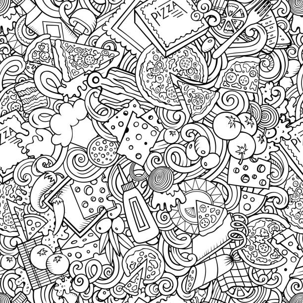 Cartoon cute doodles hand drawn Pizza seamless pattern Cartoon cute doodles hand drawn Pizza seamless pattern. Line art detailed, with lots of objects background. Endless funny vector illustration. All objects separate. pizza designs stock illustrations