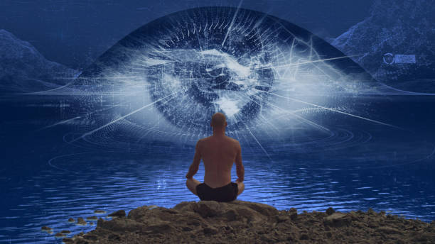 istock Meditation Man look into human eye on futuristic computer cyberspace network 1078482866