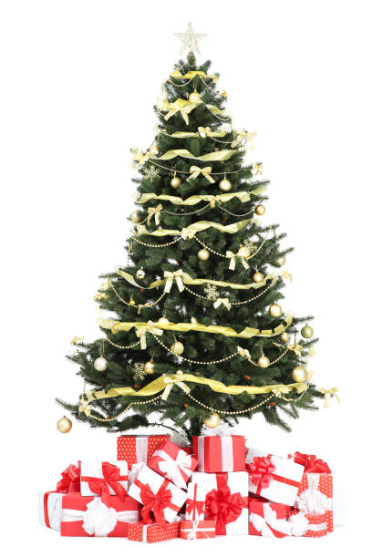 istock Christmas tree with decorations and gift boxes isolated on white background 1078483498