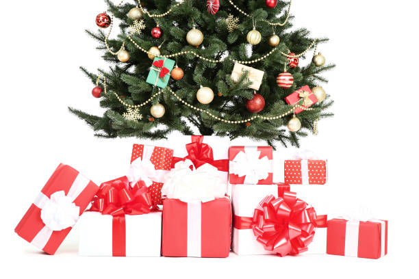 istock Christmas tree with decorations and gift boxes on white background 1078485168