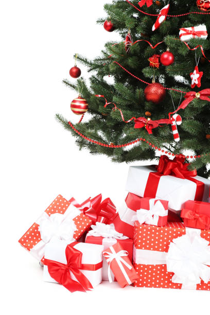 istock Christmas tree with decorations and gift boxes on white background 1078485494