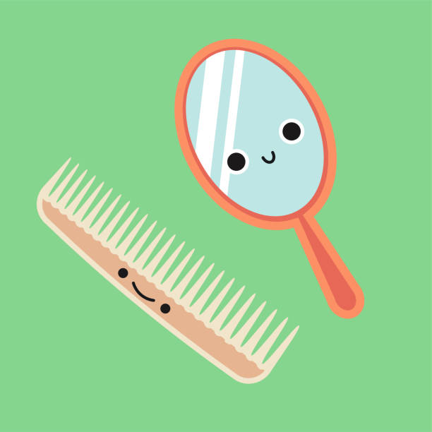 Smiling Cute Comb and Mirror, Habituate kid card. Accustom card for children. Smiling Cute Comb and mirror. Hair care concept. Flat vector illustration accustom stock illustrations