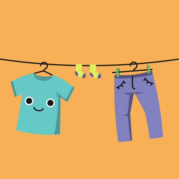 Smiling Baby clothes on clothes line, Habituate kid card. Accustom card for children. Smiling Baby clothes on clothes line. Flat vector illustration set accustom stock illustrations