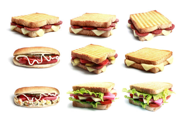 Hot dog and Turkish toast varieties on white background