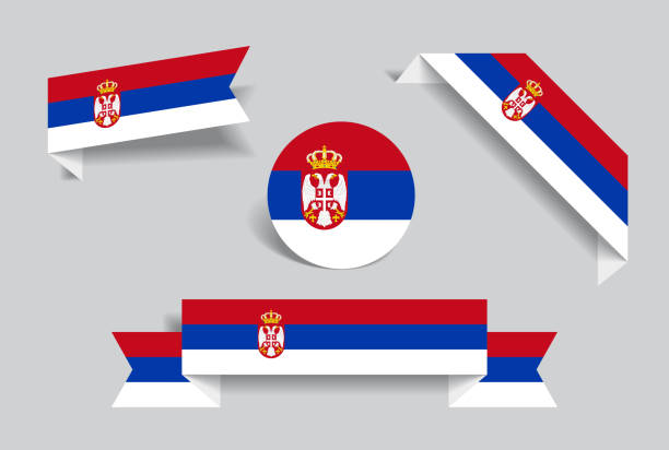 ilustrações de stock, clip art, desenhos animados e ícones de serbian flag stickers and labels. vector illustration. - bandeira da sérvia