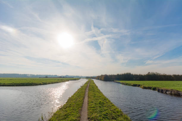 Bright sun above narrow path through a dutch polder landscape