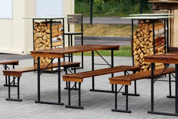 Empty coffee terrace with tables and chairs