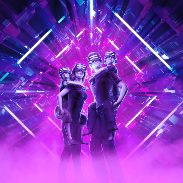 3D illustration computer generated family of mother, father and children wearing vr glasses in glowing science fiction environment