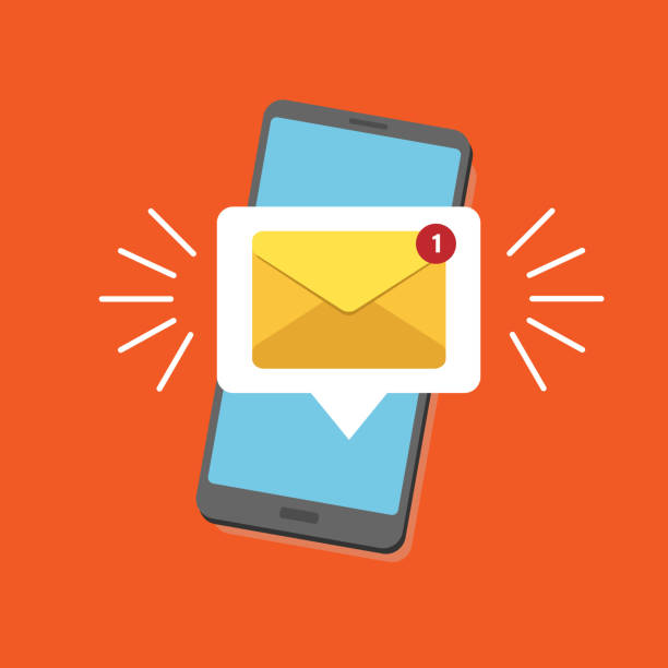 Unread email notification. New message on the smartphone screen. Vector illustration. Yellow email alert. Isolated on colorful background. Unread email notification. New message on the smartphone screen. Vector illustration. Yellow email notification. Isolated on colorful background unread messages illustrations stock illustrations