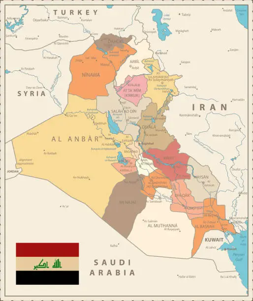 Vector illustration of Administrative Map of Iraq Vintage Color