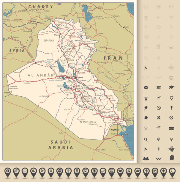 Iraq Road Map and map icons Iraq Road Map and map icons with capital Baghdad, national borders, important cities, roads, highways, railroads, rivers and lakes. euphrates syria stock illustrations