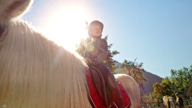 Girl sitting on a horse in sunshine at the ranch