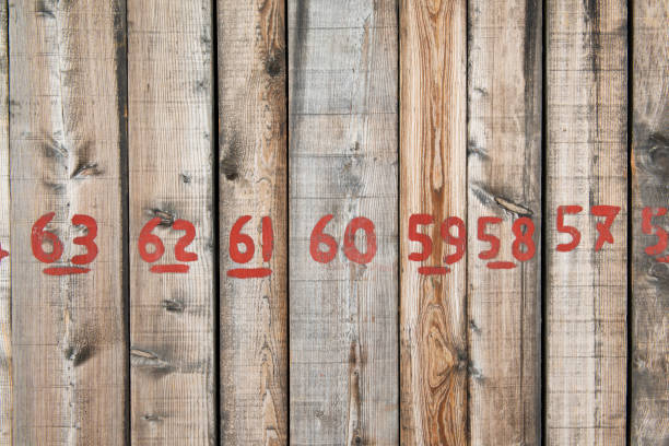 istock Wall from wooden planks with numbers written with red paint 1078505934