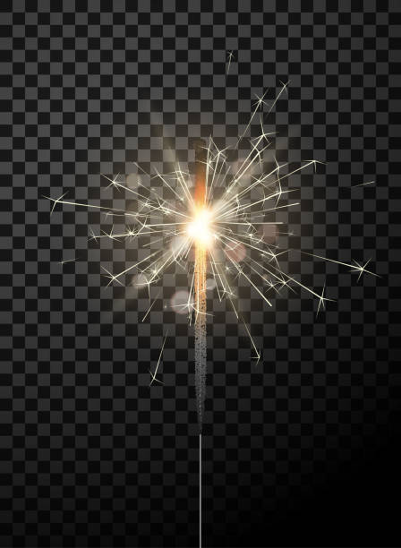 Sparkling Bengal light on transparent background for Christmas and New Year decoration. Sparkling Bengal light isolated on transparent backdrop for festive, Christmas and New Year decoration. Vector background. fireworks and sparklers stock illustrations