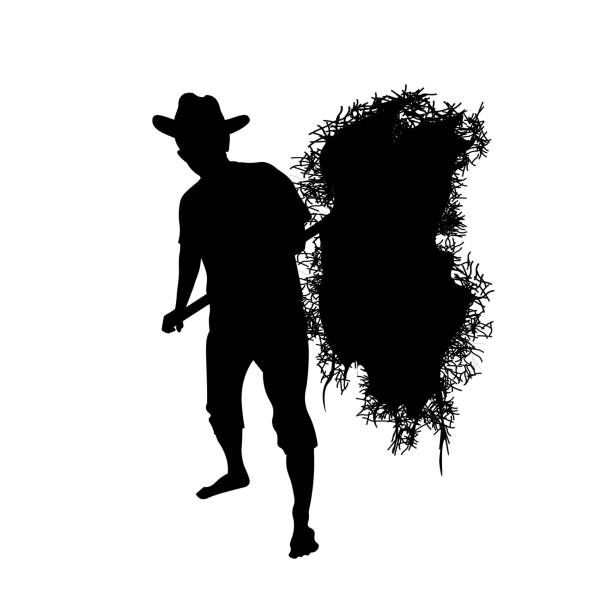 Silhouette of farmer with a pitchfork Silhouette of farmer with a pitchfork collecting hay. Vector illustration isolated on white background farmer silhouettes stock illustrations
