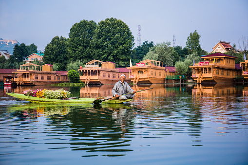 Srinagar, Jammu and Kashmir, India – June 26 2017: A flower-seller and his shikara loaded with flowers in Dal Lake.