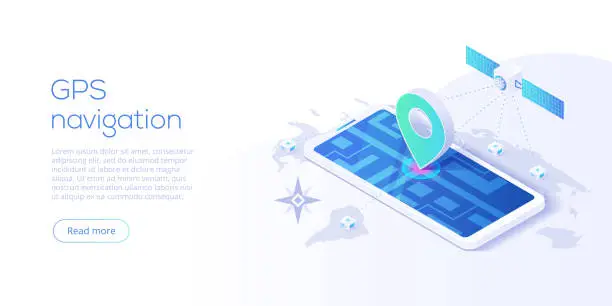 Vector illustration of GPS navigation app concept in isometric vector illustration. Smartphone application for global positioning system. Satellite radionavigation or tracking system on mobile device.