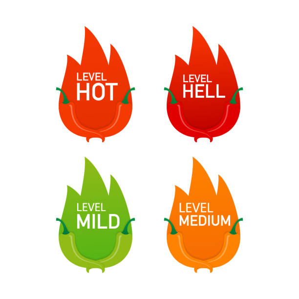 뜨거운 고추 강도 규모 표시기, 가벼운 매체와 뜨거운 고 지옥 위치. 벡터 일러스트입니다. - foods and drinks vegetable red chili pepper chili pepper stock illustrations