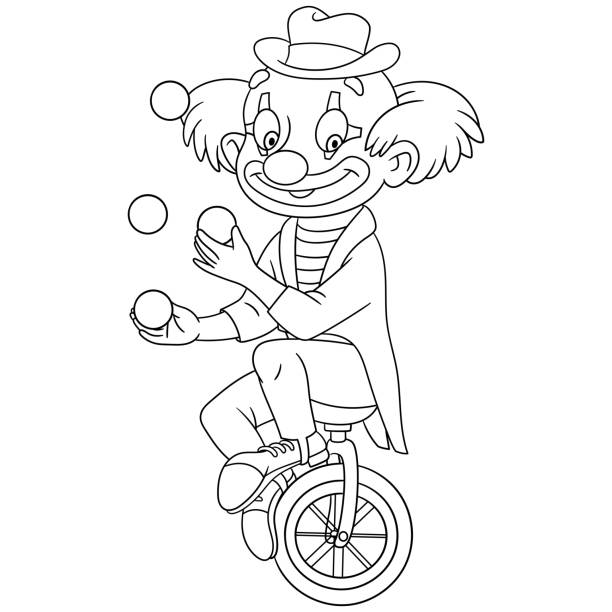 Coloring page with clown juggling Coloring page. Cartoon clown juggling. Coloring book design for kids. cartoon joker stock illustrations